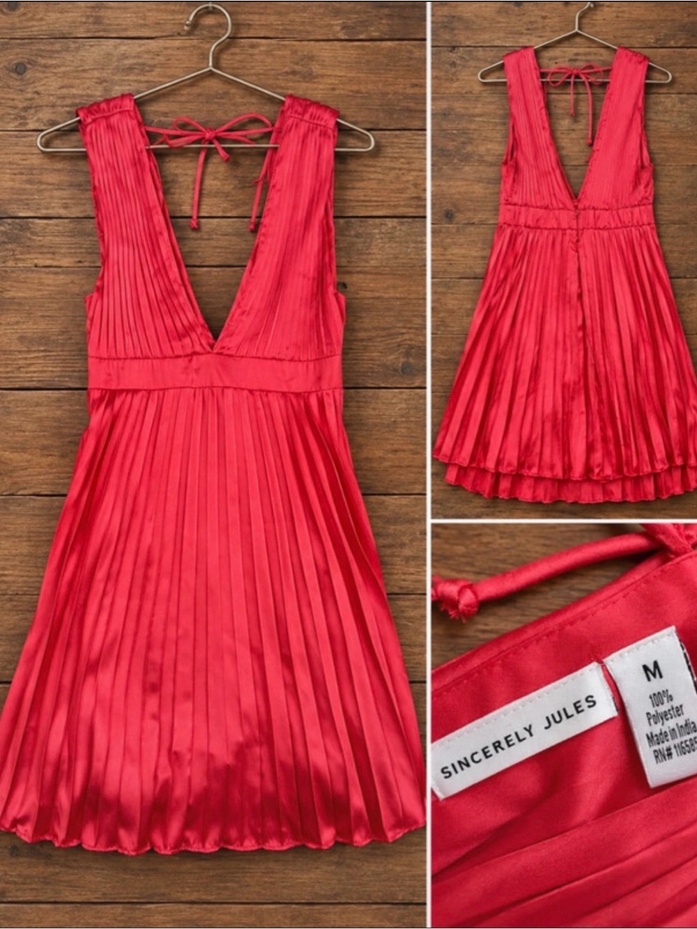 Sincerely Jules Red Pleated V-Neck Tie-Back Mini Dress